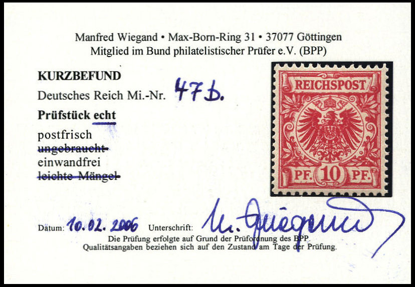 Dt. Reich 47b **, 1890, 10 Pf. Braunrosa, Postfrisch, Pracht, Kurzbefund Wiegand, Mi.120.- - Other & Unclassified
