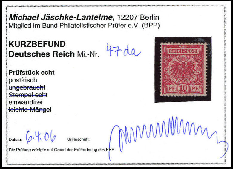 Dt. Reich 47da **, 1893, 10 Pf. Rotkarmin, Postfrisch, Pracht, Kurzbefund Jäschke-L., Mi. 150.- - Otros & Sin Clasificación