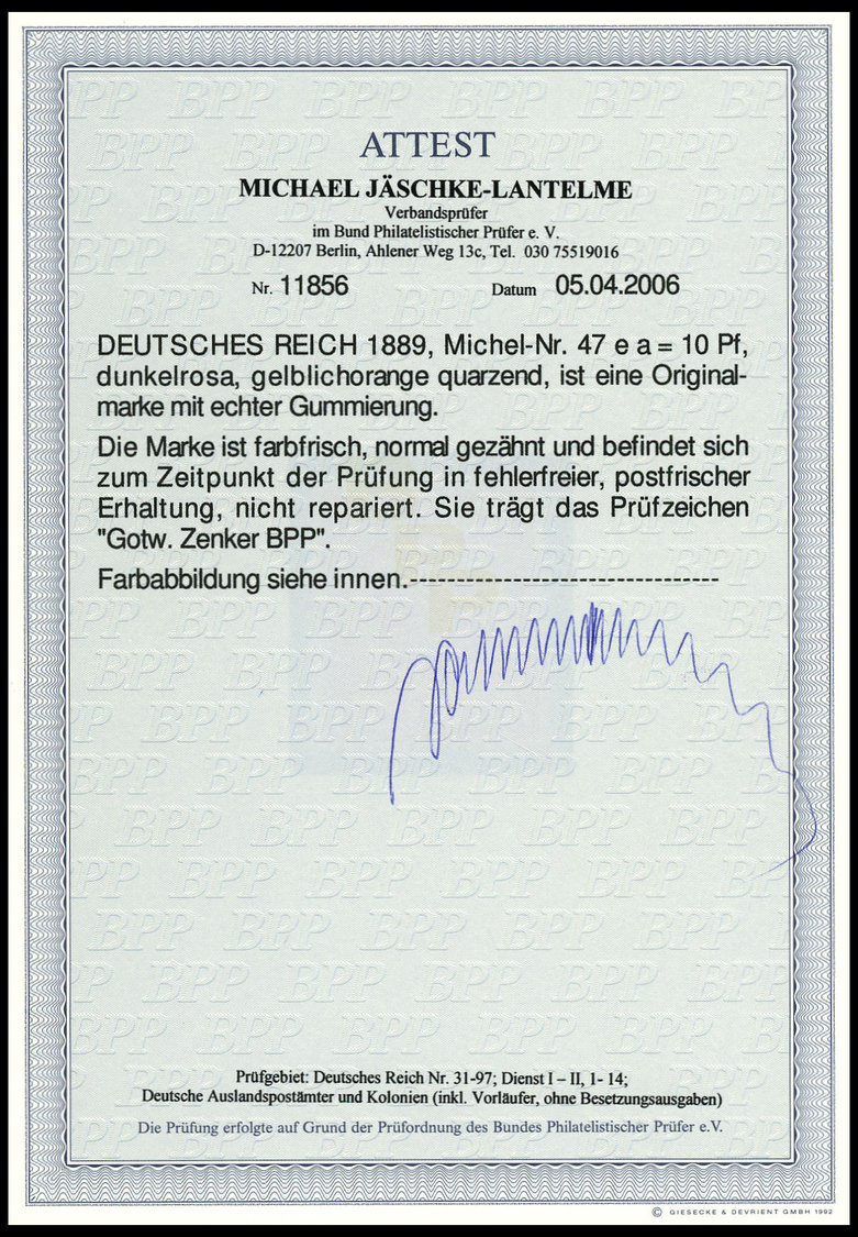 Dt. Reich 47ea **, 1899, 10 Pf. Braunrot, Gelblichorange Quarzend, Postfrisch, Pracht, RR!, Gepr. Zenker Und Fotoattest - Other & Unclassified