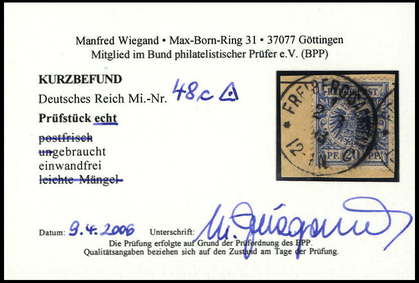 Dt. Reich 48c BrfStk, 1891, 20 Pf. Preußischblau, Stempel FREIBERG (SACHSEN), Prachtbriefstück, Kurzbefund Wiegand, Mi. - Other & Unclassified