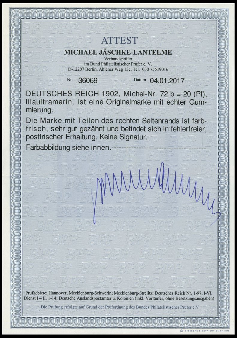 Dt. Reich 72b **, 1902, 20 Pf. Lilaultramarin Germania, Ohne Wz., Postfrisches Prachtstück Vom Rechten Rand, Fotoattest - Other & Unclassified