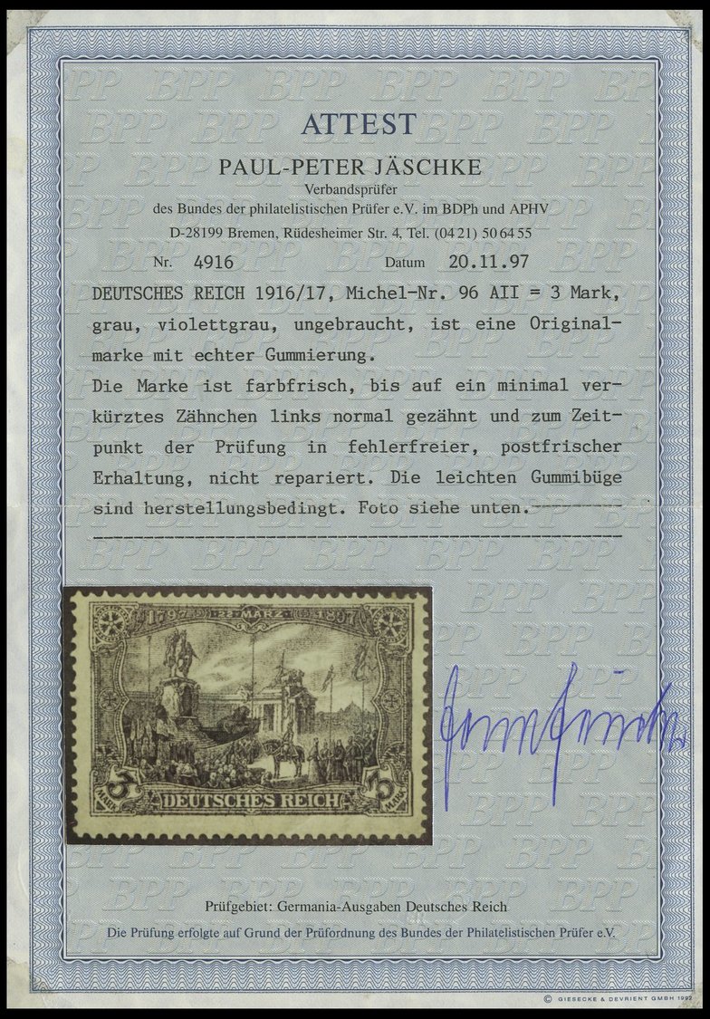 Dt. Reich 96AII **, 1919, 3 M. Kriegsdruck, Gezähnt A, Postfrisch, Links Ein Minimal Verkürzter Zahn Sonst Pracht, Fotoa - Otros & Sin Clasificación