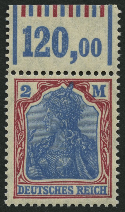 Dt. Reich 152WOR **, 1920, 2 M. Dunkellilarot/grauultramarin, Walzendruck, Oberrandstück, Pracht, Mi. 50.- - Used Stamps