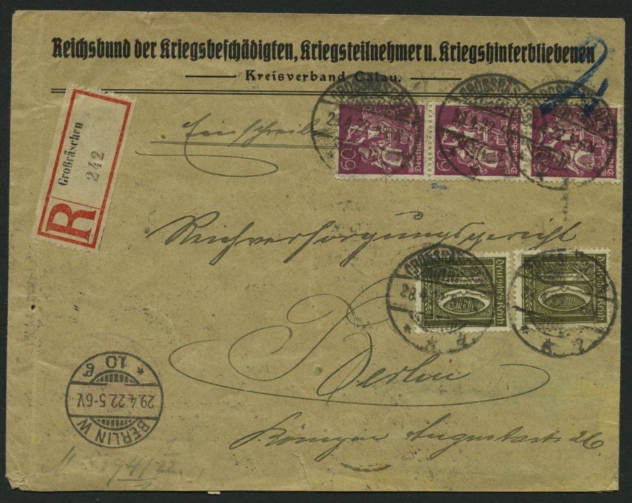 Dt. Reich 178 BRIEF, 1922, 10 Pf. Braunoliv, Wz. 2, 2 Prachtwerte Auf Nicht Perfektem Einschreibbrief Mit Zusatzfrankatu - Usados