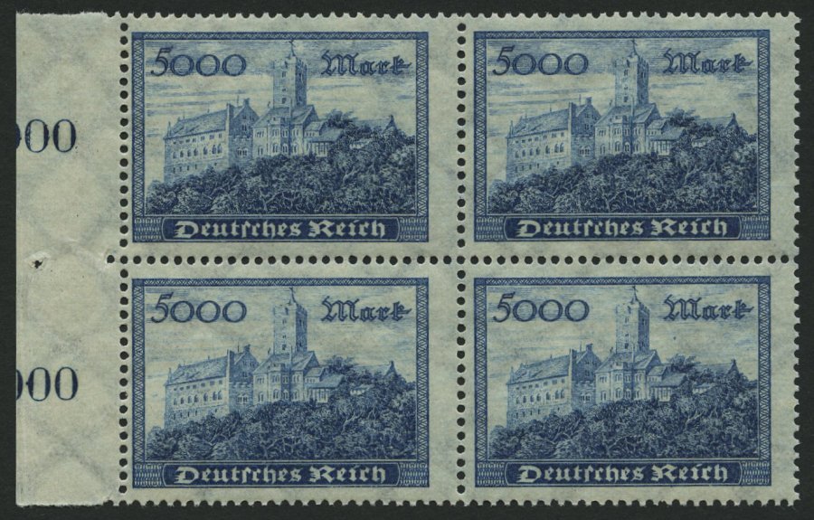 Dt. Reich 261b VB **, 1923, 5000 M. Dunkelgrünlichblau Im Randviererblock, Pracht, Gepr. Infla, Mi. 88.- - Usados