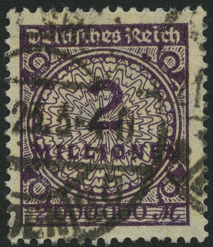 Dt. Reich 315b O, 1923, 2 Mio. M. Dunkelpurpur, Sauberer Stempel KARLSRUHE, Pracht, RR!, Fotoattest Dr. Oechsner, Mi. 10 - Usados