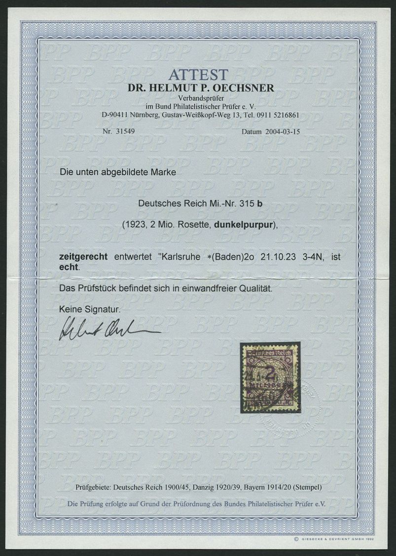 Dt. Reich 315b O, 1923, 2 Mio. M. Dunkelpurpur, Sauberer Stempel KARLSRUHE, Pracht, RR!, Fotoattest Dr. Oechsner, Mi. 10 - Usados