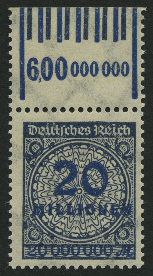 Dt. Reich 319AWbOR **, 1923, 20 Mio. M. Schwarzblau, Walzendruck, Oberrandstück, Pracht, Gepr. Infla, Mi. 140.- - Usati