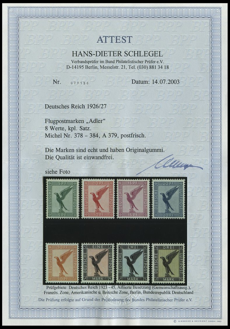 Dt. Reich 378-84 **, 1926, Adler, Postfrischer Prachtsatz, Fotoattest H.D. Schlegel, Mi. 1200.- - Usados