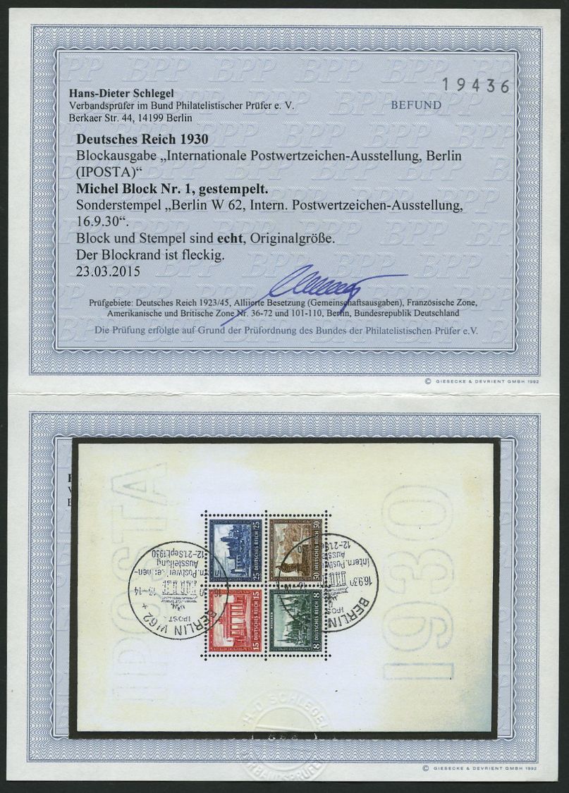 Dt. Reich Bl. 1 O, 1930, Block IPOSTA, Sonderstempel, Ränder Rückseitig Etwas Fleckig Sonst Pracht, Fotobefund H.D. Schl - Usados