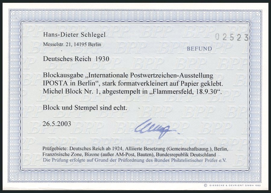 Dt. Reich Bl. 1 O, 1930, Block IPOSTA, Formatverkleinert (45x64), Stempel FLAMMERSFELD, Marken Pracht, Fotobefund H.D. S - Usados