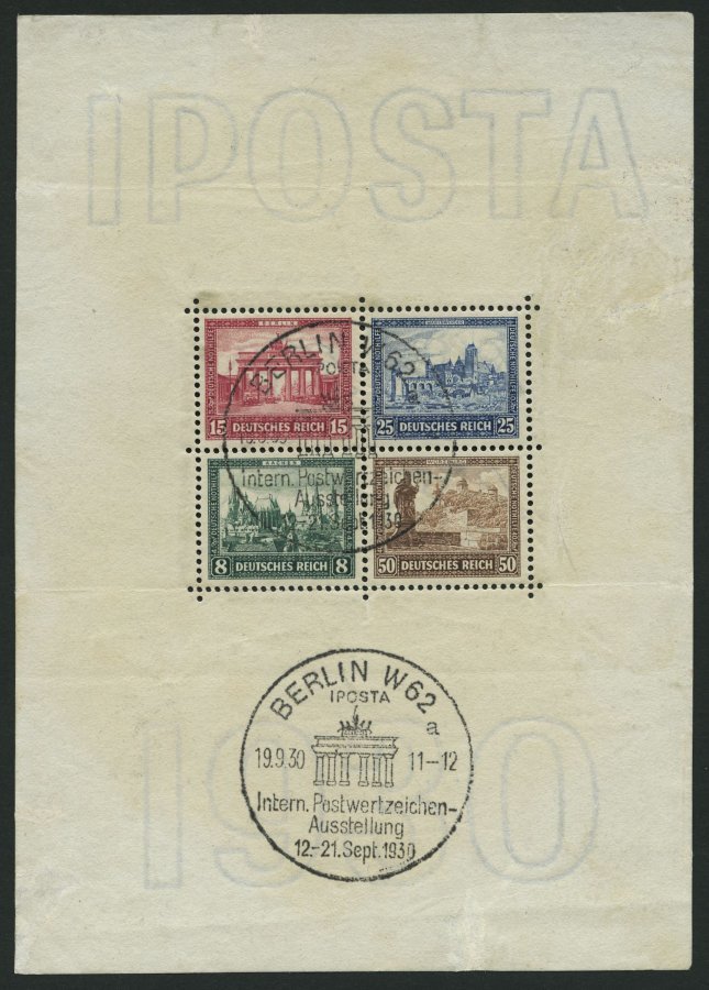 Dt. Reich Bl. 1 O, 1930, Block IPOSTA, Sonderstempel, Ränder Fleckig Und Büge, Herzstück Pracht, Mi. 2000.- - Used Stamps