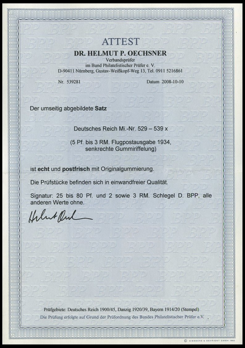 Dt. Reich 529-39x **, 1934, Flugpost, Postfrischer Prachtsatz, Fotoattest Dr. Oechsner, Mi. 800.- - Other & Unclassified