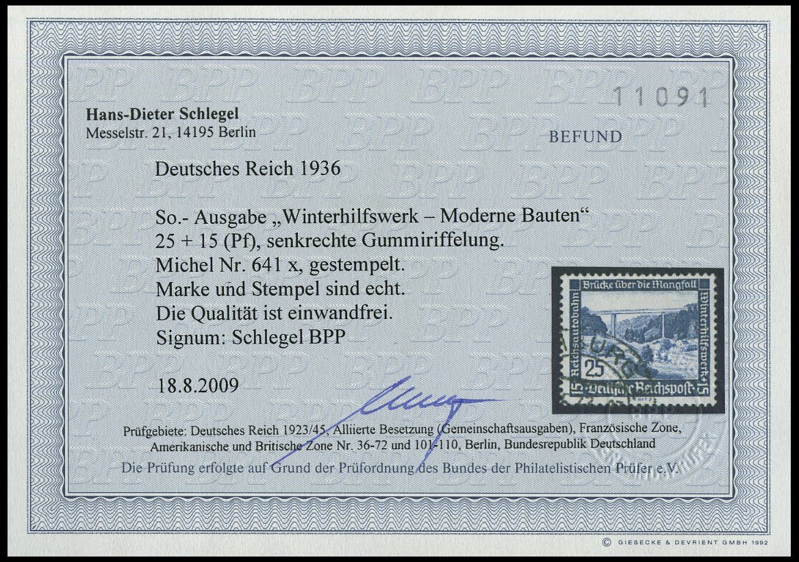 Dt. Reich 641x O, 1936, 25 Pf. Mangfall Autobahnbrücke, Senkrechte Gummiriffelung, Pracht, Fotobefund H.D. Schlegel, Mi. - Otros & Sin Clasificación