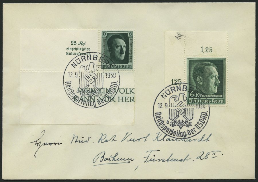 Dt. Reich 650,672x BRIEF, 1937/8, 6 Pf. Reichsparteitag, Linke Obere Bogenecke Und Einzelmarke Block, Sonderstempel, Pra - Otros & Sin Clasificación