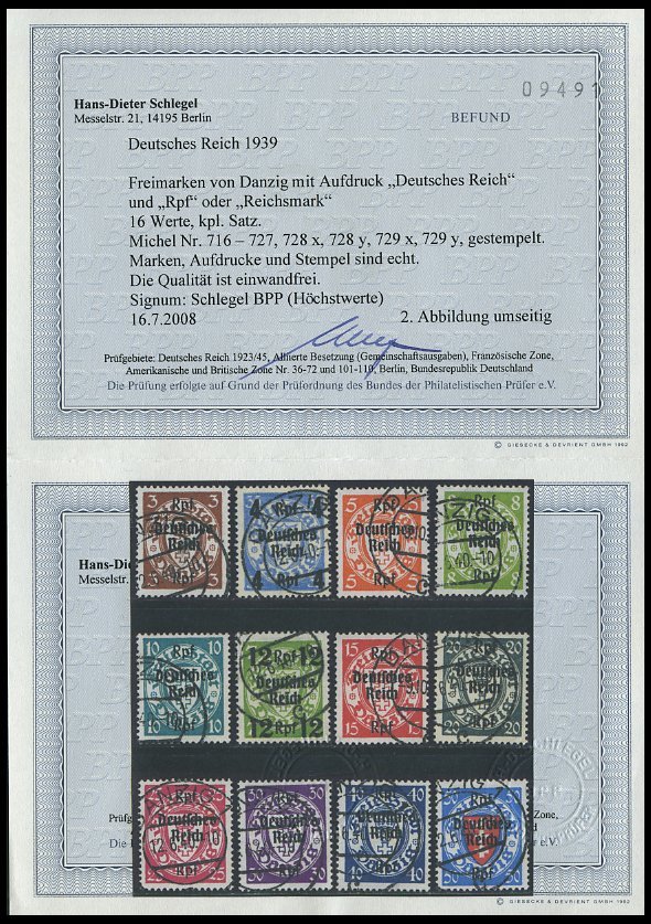 Dt. Reich 716-29x,y O, 1939, Danzig, 1 Und 2 RM Jeweils Beide Papiere!, Prachtsatz (16 Werte Komplett), Fotobefund H.D. - Otros & Sin Clasificación