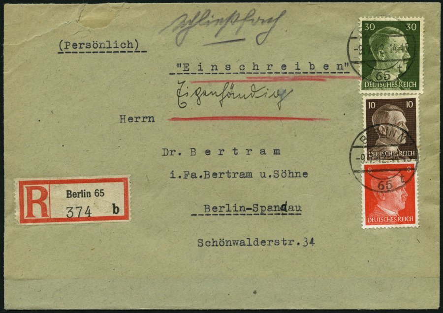 Dt. Reich 786/7,794 BRIEF, 1942, 8, 10 Und 40 Pf. Hitler Auf Einschreibbrief (eigenhändig) Aus BERLIN 65, Oben Öffnungsm - Altri & Non Classificati