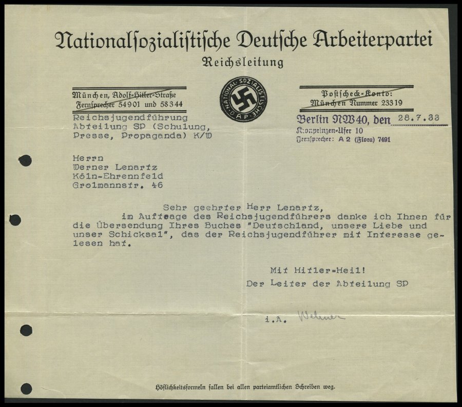 Dt. Reich 1933, Schreiben Mit Eingedrucktem Absender Adolf Hitler, Kanzlei: München Braunes Haus, Unterzeichnet Martin B - Altri & Non Classificati