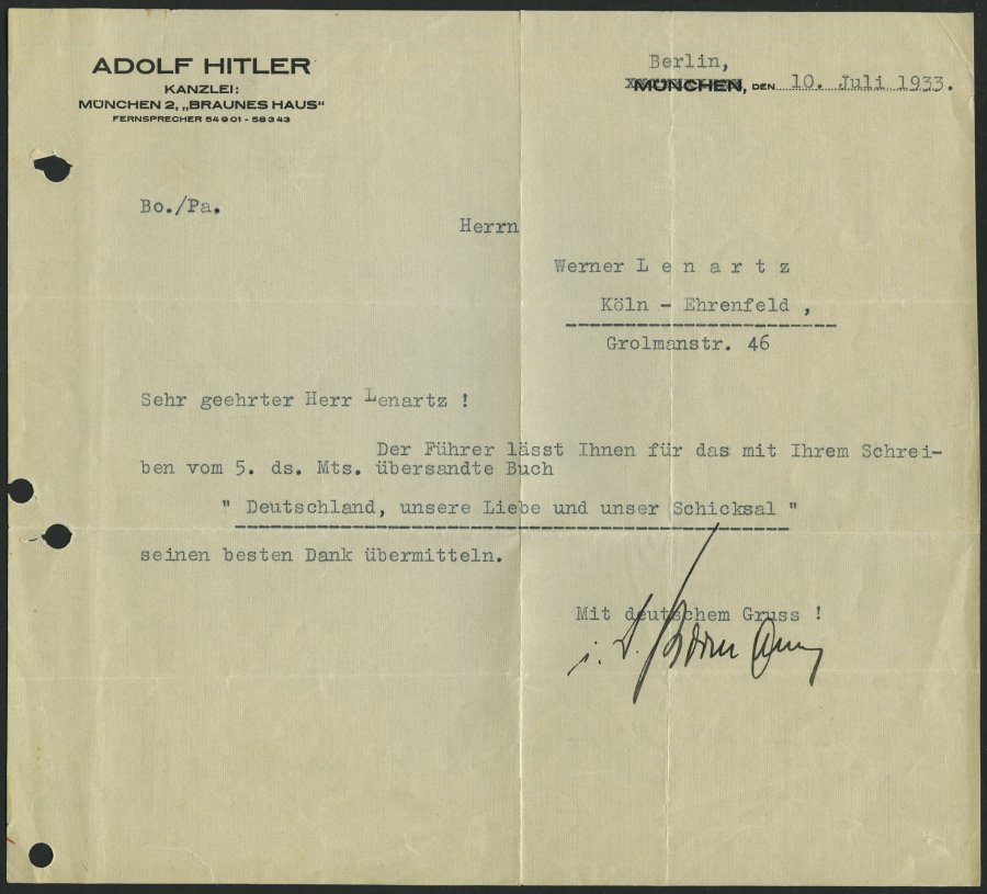 Dt. Reich 1933, Schreiben Mit Eingedrucktem Absender Adolf Hitler, Kanzlei: München Braunes Haus, Unterzeichnet Martin B - Altri & Non Classificati