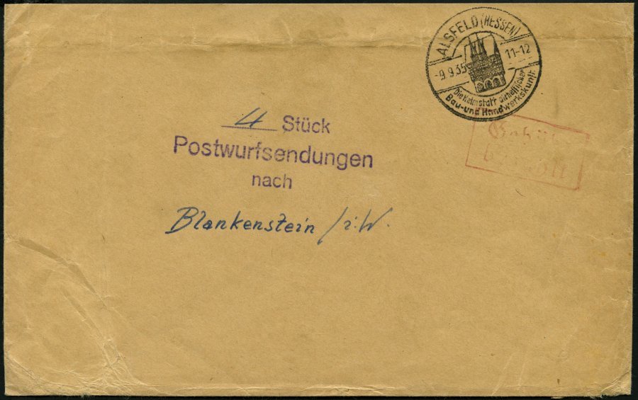 DIENSTMARKEN 1935, Umschlag Aus ALSFELD Mit Stempel 4 Stück Postwurfsendungen Nach Blankenstein, Roter Gebühr-bezahlt-St - Officials