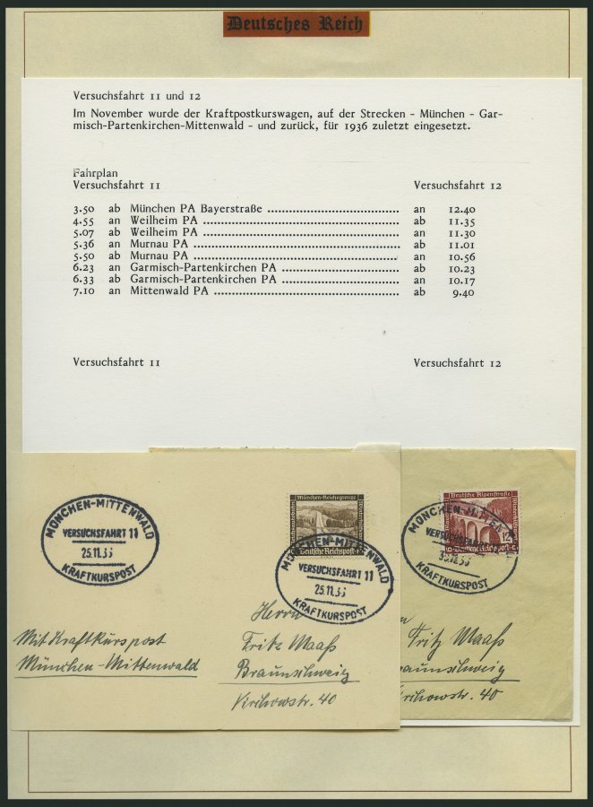 SAMMLUNGEN 1936, Spezialsammlung: Kraftkurspost Versuchsfahrten, die Versuchsfahrten 1 - 12 komplett auf Belegen, ausfüh