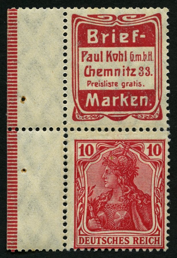 ZUSAMMENDRUCKE S 2.10 *, 1911, Briefmarken Kohl + 10 Pf., Mit Rand, Feinst (Zähnung Gestützt) - Se-Tenant