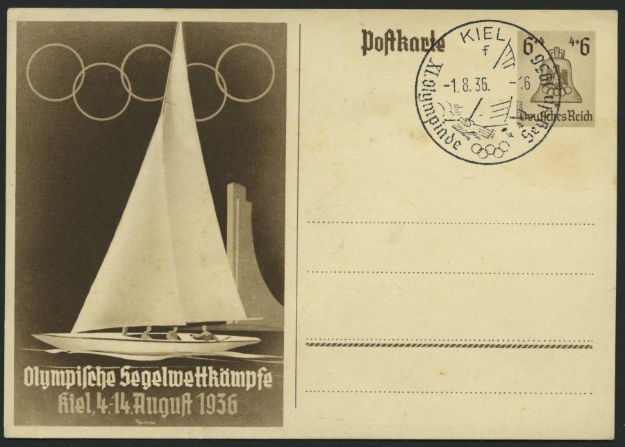 GANZSACHEN P 261 BRIEF, 1936, Olympische Segelwettbewerbe, Leer Gestempelt Mit Ersttags-Sonderstempel Von KIEL, Feinst - Otros & Sin Clasificación