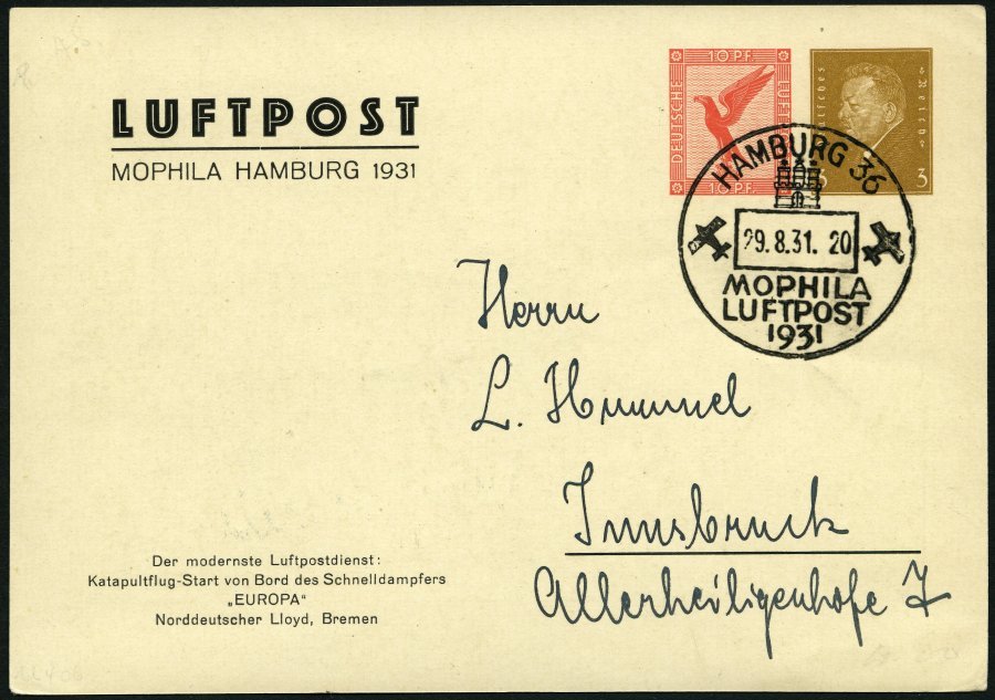 GANZSACHEN PP 93C1 01 BRIEF, Privatpost: 1931, 10 Pf. Neben 3 Pf. Hamburg Mophila, Katapultflug-Start Von Bord Des Schne - Other & Unclassified