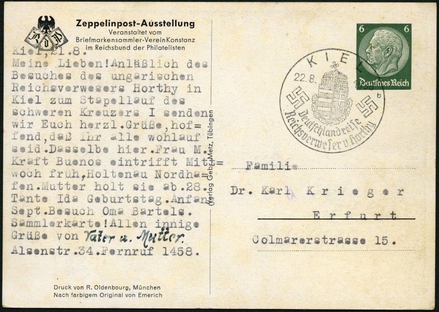 GANZSACHEN PP 127C40 BRIEF, Privatpost: 1938, 6 Pf. Hindenburg Zeppelinpost-Ausstellung, Stempel KIEL REICHSVERWESER V. - Otros & Sin Clasificación