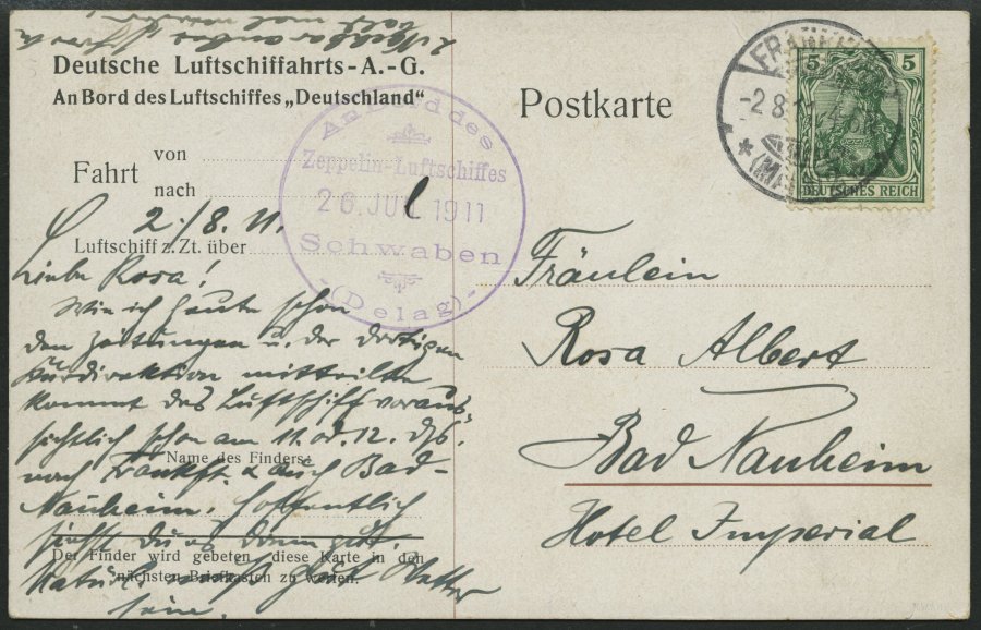 ZEPPELINPOST 2II BRIEF, 2.8.1911, Luftschiff Schwaben, Fahrt Oos-Frankfurt, Violetter Bordstempel 26. JUN 1911, Handschr - Correo Aéreo & Zeppelin