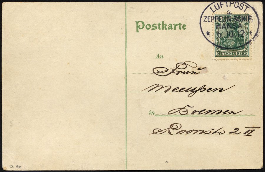 ZEPPELINPOST 6I BRIEF, 1912, Luftschiff Hansa, Fahrt Hamburg-Bremen-Hamburg Vom 6.10.1912, Mit Bordpoststempel In Type I - Correo Aéreo & Zeppelin