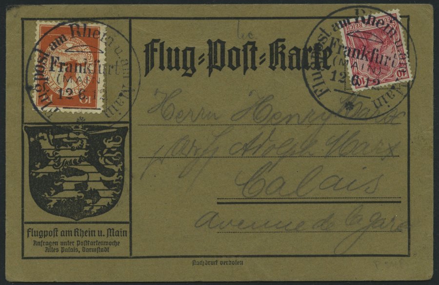 ZEPPELINPOST 10 BRIEF, 1912, 10 Pf. Flp. Am Rhein Und Main Auf Flugpostkarte Mit Kopfstehender 10 Pf. Zusatzfrankatur, S - Luft- Und Zeppelinpost