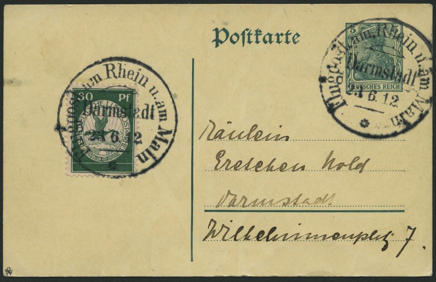 ZEPPELINPOST 12 BRIEF, 1912, 30 Pf. Flp. Auf Rhein Und Main Auf 5 Pf. Ganzsachenkarte, Sonderstempel Darmstadt 23.6.12 V - Airmail & Zeppelin