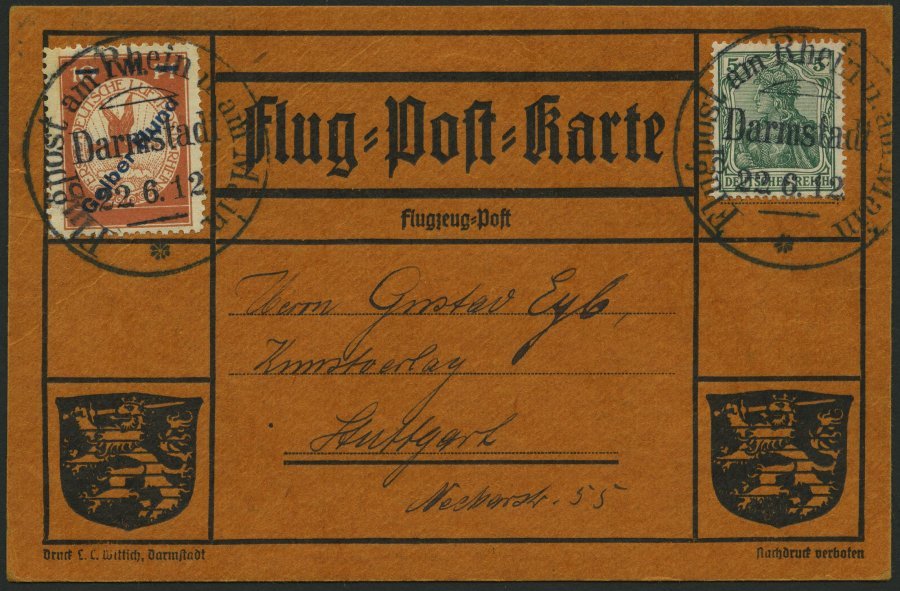 ZEPPELINPOST 13 BRIEF, 1912, 1 M. Gelber Hund Auf Flugpostkarte Mit 5 Pf. Zusatzfrankatur, Sonderstempel Darmstadt 19.6. - Airmail & Zeppelin