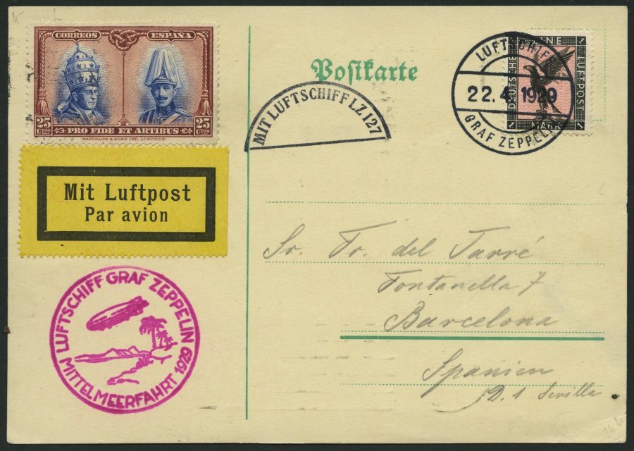 ZEPPELINPOST 24B BRIEF, 1929, Mittelmeerfahrt, Bordpost, Mit Privatem Segmentstempel Mit Luftpost LZ 127, - Correo Aéreo & Zeppelin