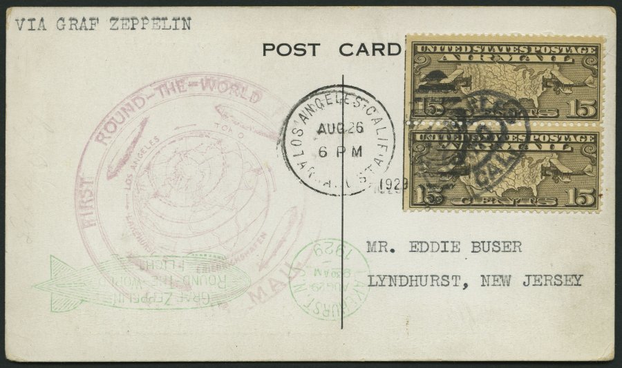 ZEPPELINPOST 29A BRIEF, 1929, Weltrundfahrt, US-Post, Los Angeles-Lakehurst, Prachtkarte - Correo Aéreo & Zeppelin