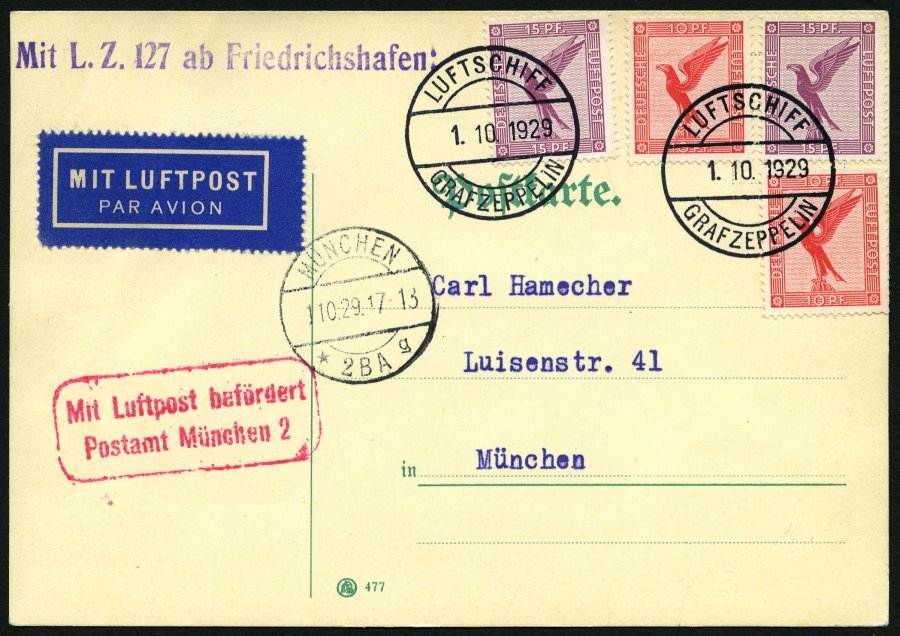 ZEPPELINPOST 38e BRIEF, 1929, Bayernfahrt, Abwurf München, Prachtkarte - Correo Aéreo & Zeppelin