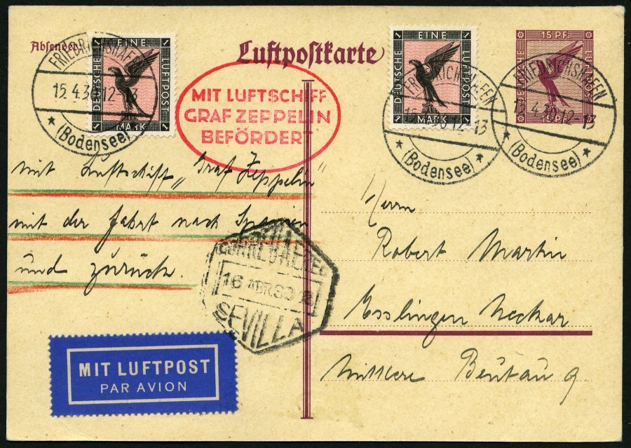 ZEPPELINPOST 52Aa BRIEF, 1930, Spanienfahrt, Auflieferung Fr`hafen, Prachtkarte - Correo Aéreo & Zeppelin