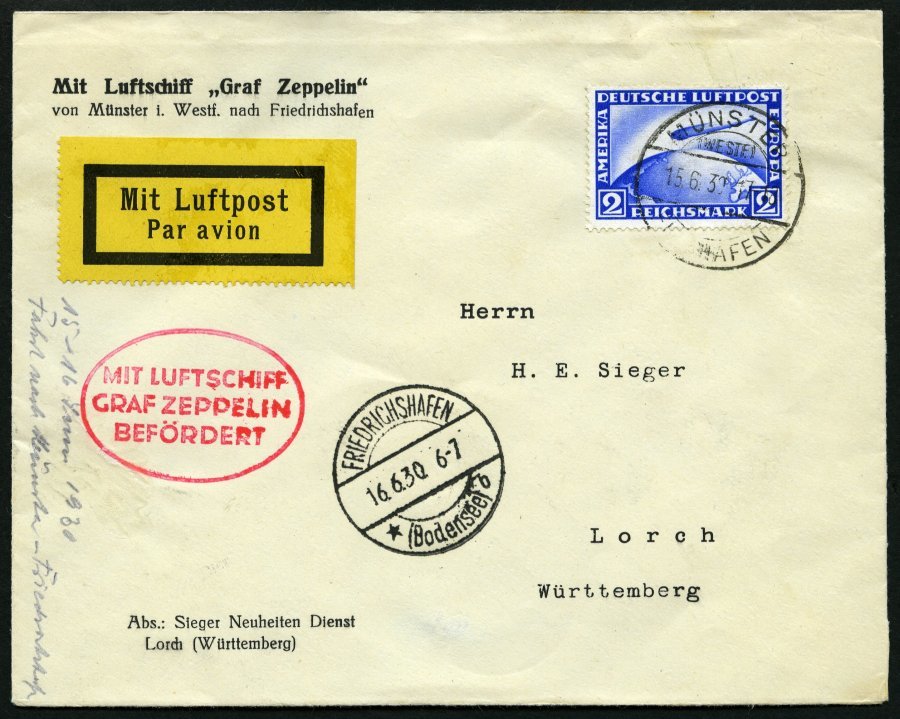 ZEPPELINPOST 65C BRIEF, 1930, Landungsfahrt Nach Münster, Auflieferung Münster/Flughafen, Frankiert Mit 2 RM, Brief Fein - Airmail & Zeppelin