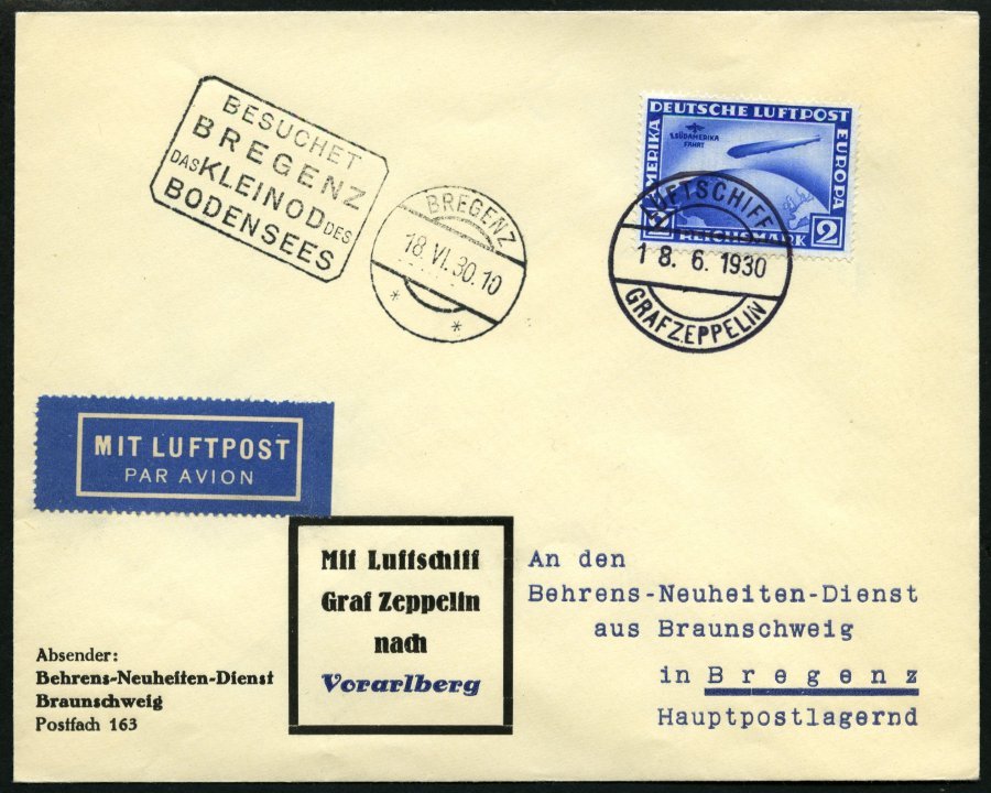 ZEPPELINPOST 67 BRIEF, 1930, Vorarlbergfahrt, Nach Bregenz, Frankiert Mit 2 RM Südamerikafahrt, Prachtbrief - Correo Aéreo & Zeppelin