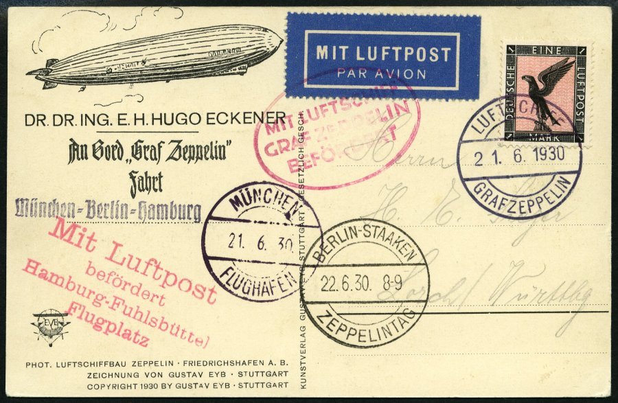 ZEPPELINPOST 68Bb BRIEF, 1930, Deutschlandfahrt, München-Kopenhagen-Berlin, Bordpost, Prachtkarte - Correo Aéreo & Zeppelin
