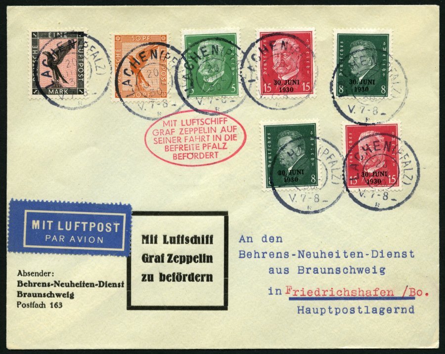 ZEPPELINPOST 75D BRIEF, 1930, Pfalzfahrt, Laachen-Fr`hafen, Prachtbrief - Correo Aéreo & Zeppelin