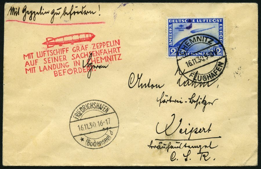 ZEPPELINPOST 100Ba BRIEF, 1930, Sachsenfahrt, Chemnitz-Fr`hafen, Auflieferung Chemnitz, Frankiert Mit 2 RM Südamerikafah - Airmail & Zeppelin