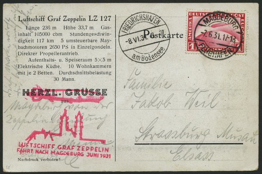 ZEPPELINPOST 109Ba BRIEF, 1931, Magdeburg-Friedrichshafen, Auflieferung Magdeburg, Frankiert Mit Mi.Nr. 455, Prachtkarte - Correo Aéreo & Zeppelin