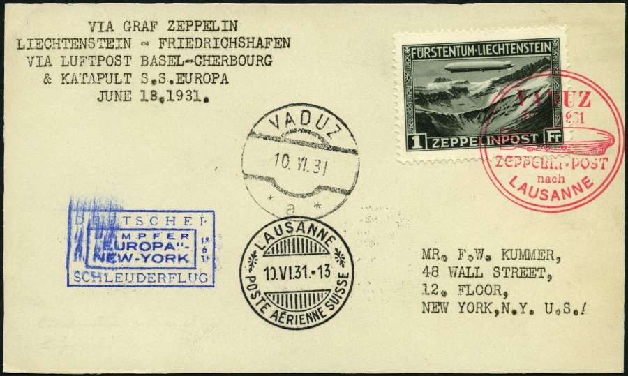 ZEPPELINPOST 110 BRIEF, 1931, Fahrt Vaduz-Lausanne, Anschließend Für Katapultflug Am 18.6.1931 Nach New York Vorgesehen - Correo Aéreo & Zeppelin