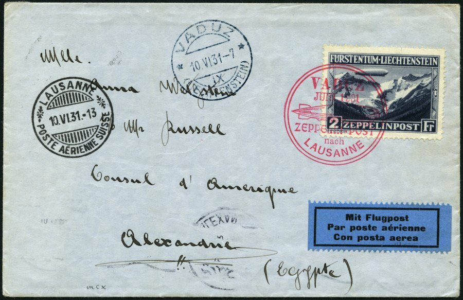 ZEPPELINPOST 110B BRIEF, 1931, Fahrt Nach Vaduz, Frankiert Mit Sondermarke 2 Fr., Auf Brief Nach Ägypten, Pracht - Airmail & Zeppelin