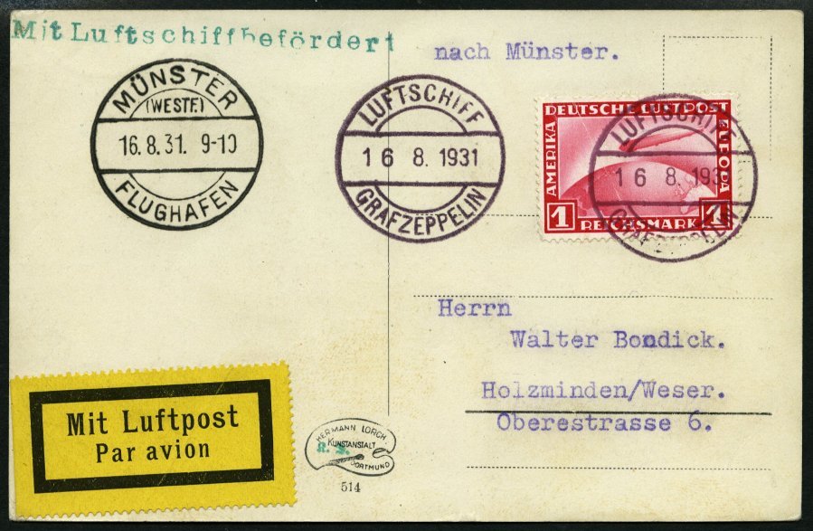 ZEPPELINPOST 121A BRIEF, 1931, Fahrt Nach Münster, Bordpost, Frankiert Mit 1 RM, Marke Kratzer Sonst Prachtkarte - Airmail & Zeppelin