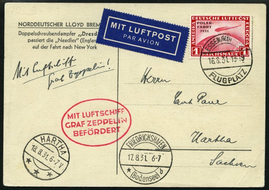 ZEPPELINPOST 121G BRIEF, 1931, Fahrt Essen-Friedrichshafen, Frankiert Mit 1 RM Polarfahrt, Karte Eckbug, Marke Pracht - Correo Aéreo & Zeppelin