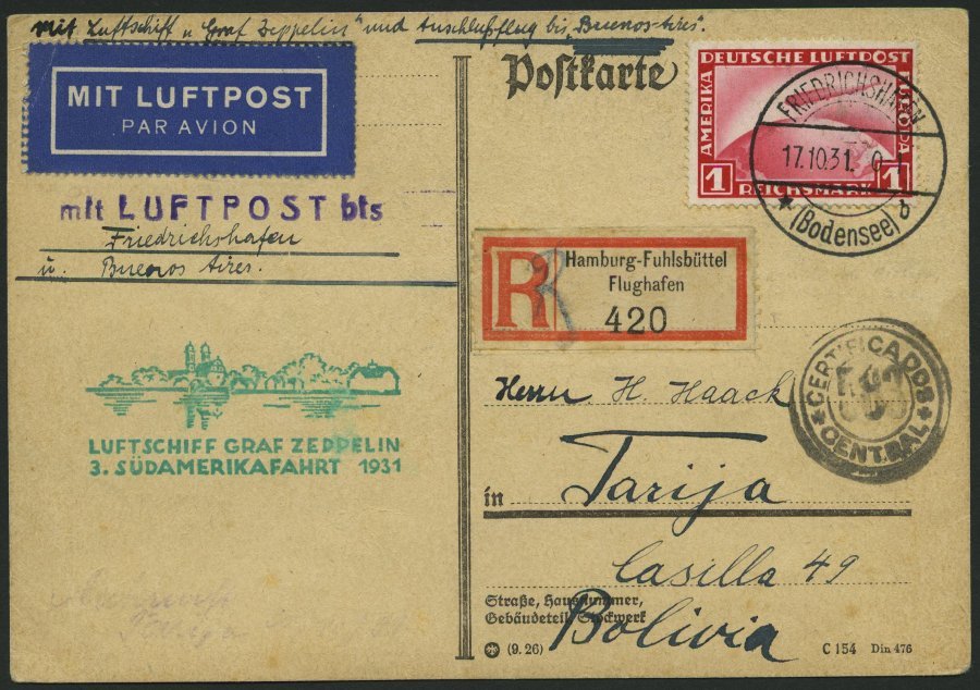 ZEPPELINPOST 123Aa BRIEF, 1931, 3. Südamerikafahrt, Auflieferung Friedrichshafen, Frankiert Mit Einzelfrankatur Mi.Nr. 4 - Correo Aéreo & Zeppelin