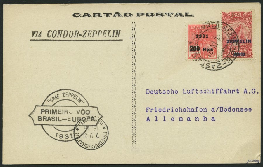 ZEPPELINPOST 125A BRIEF, 1931, 1. Südamerikafahrt, Brasil-Post, Schwarzer Bestätigungsstempel, Frankiert Mit 2500 Reis, - Airmail & Zeppelin